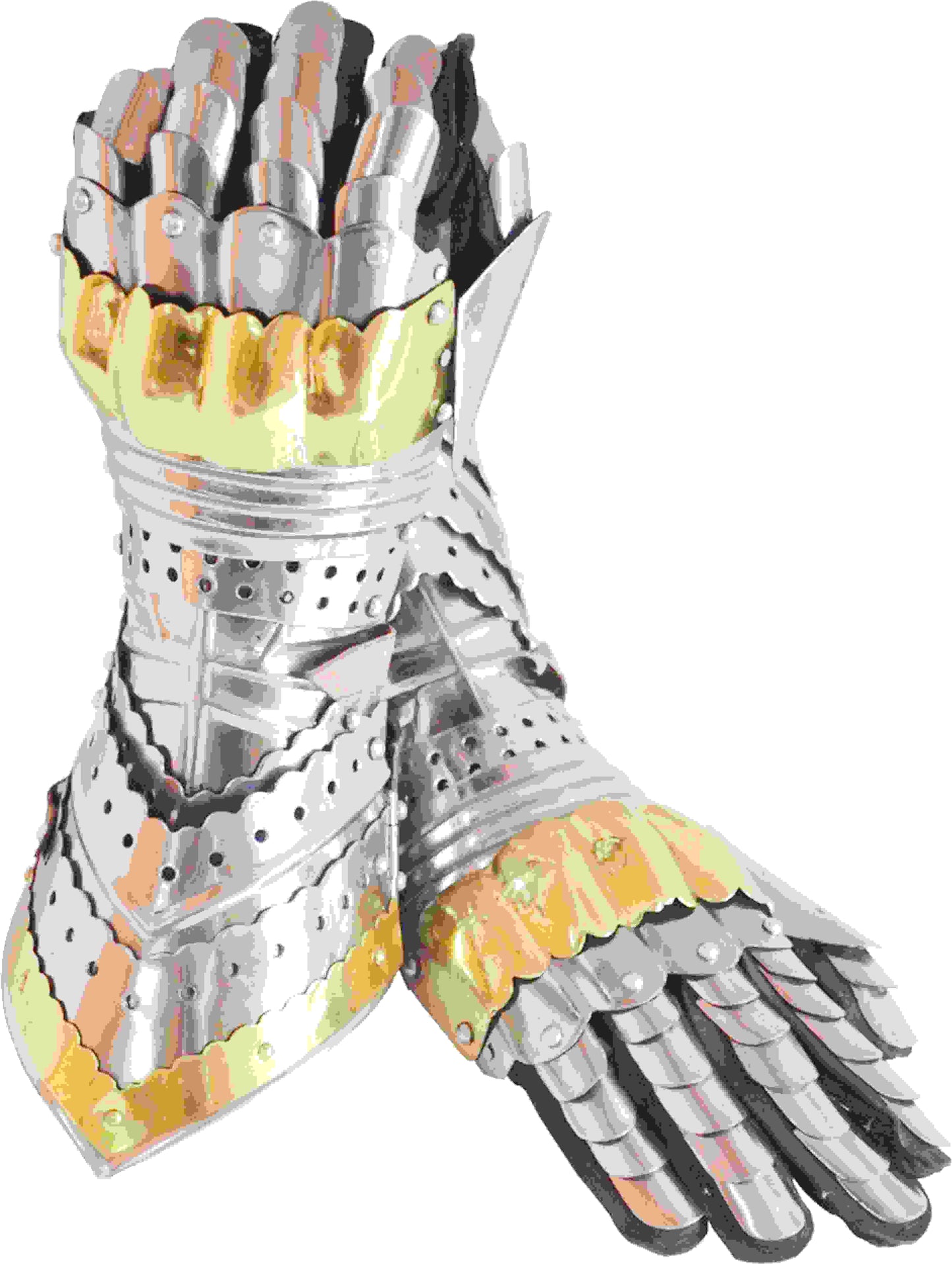 Medieval articulated gauntlets with brass work, silver finish, standard size