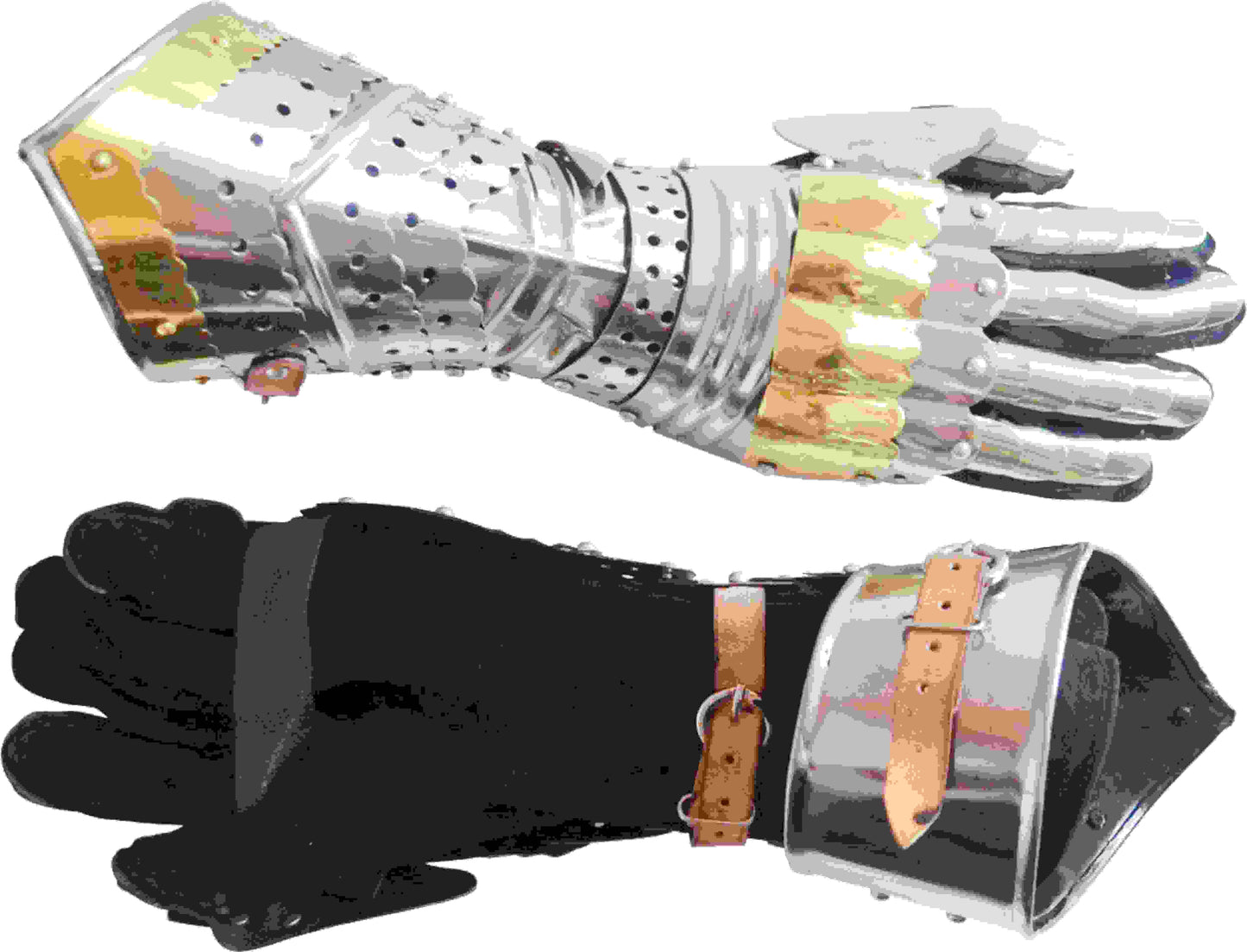 Medieval articulated gauntlets with brass work, silver finish, standard size