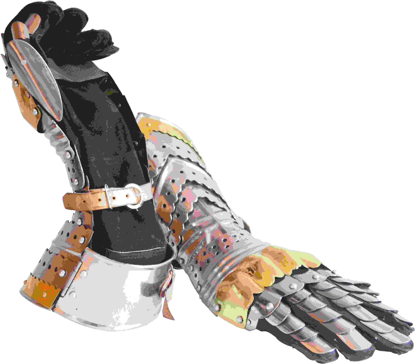 Medieval articulated gauntlets with brass work, silver finish, standard size