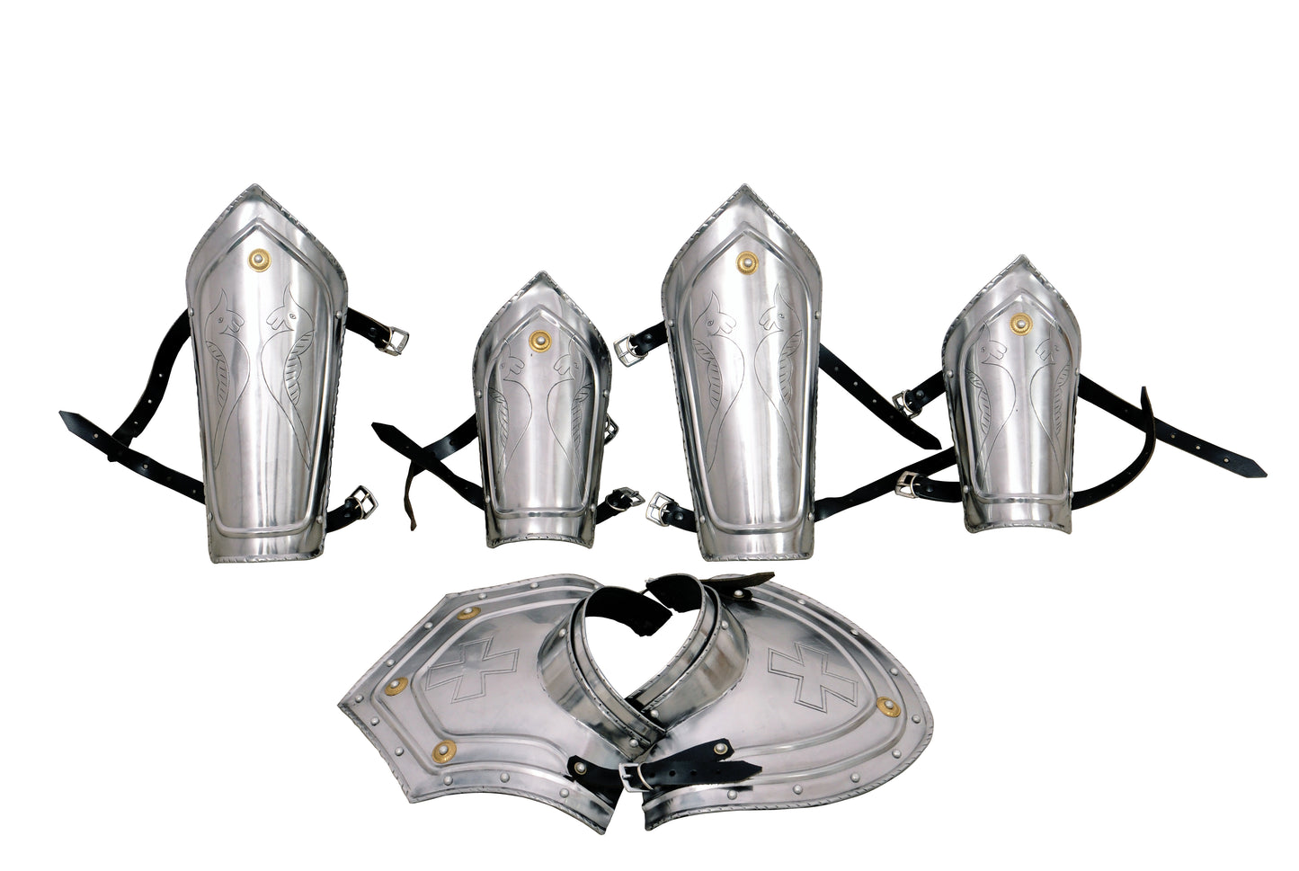 Medieval armor set with gorget, vambraces, greaves, and helmet—classic Viking style