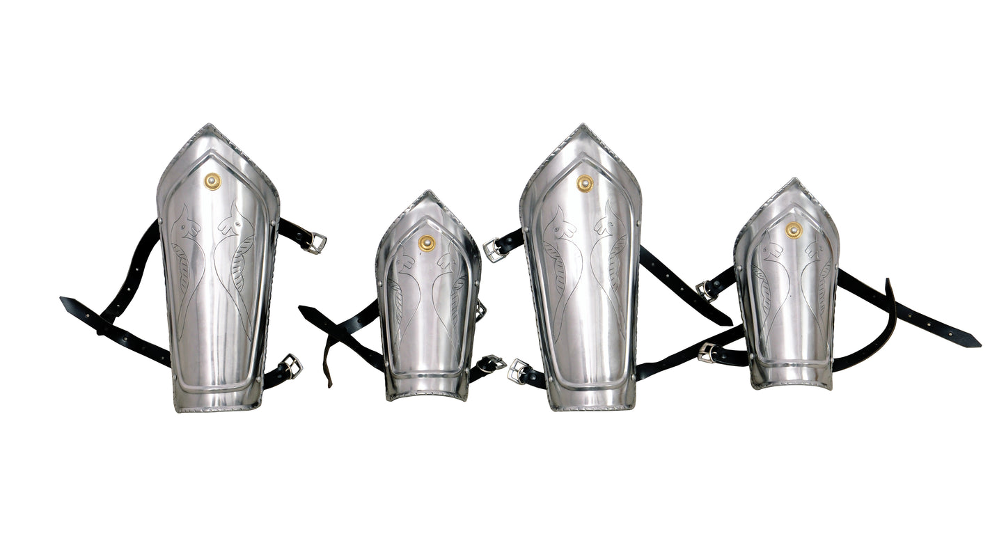 Medieval armor set with gorget, vambraces, greaves, and helmet—classic Viking style