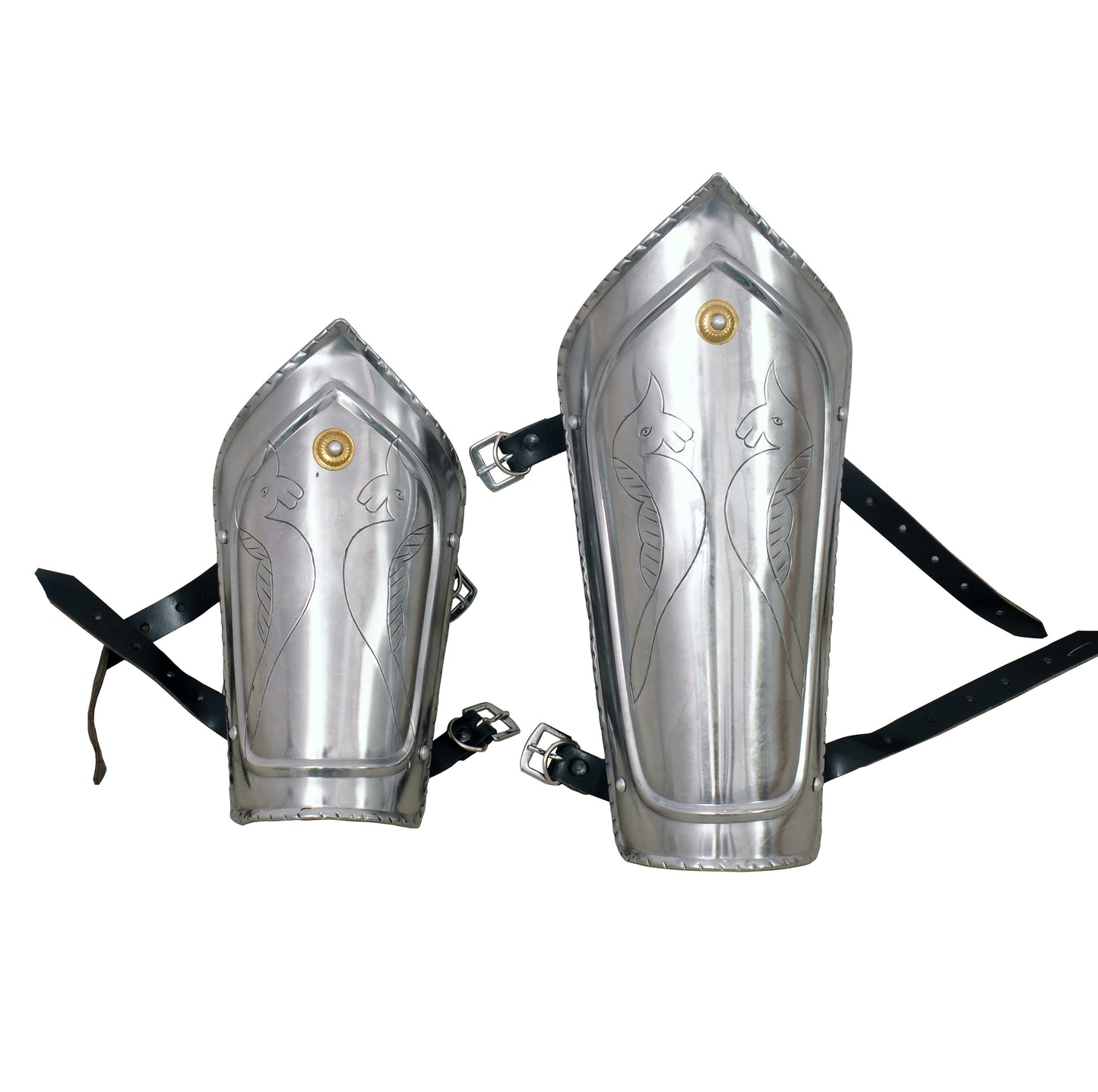 Medieval armor set with gorget, vambraces, greaves, and helmet—classic Viking style
