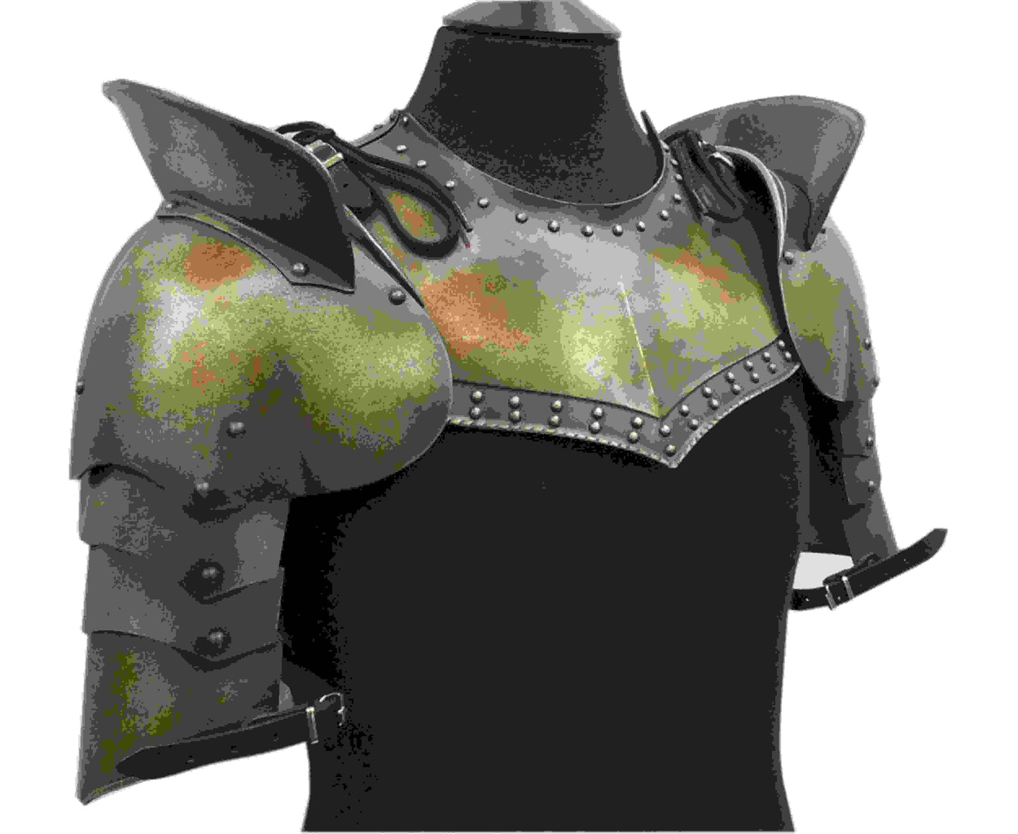 Medieval silver warrior pauldrons with gorget for LARP, cosplay, or knight gear
