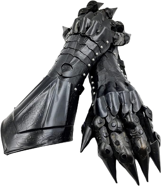 Medieval black metal gauntlets with gothic flair, perfect for crusader style